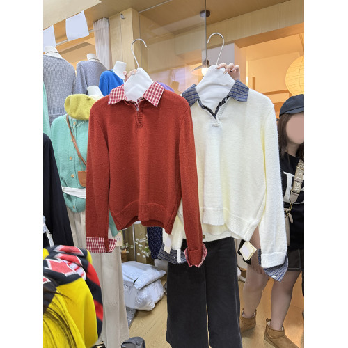 秋冬新款韓版寬松假兩件拼接格子翻領設計通勤休閒百搭套頭女毛衣