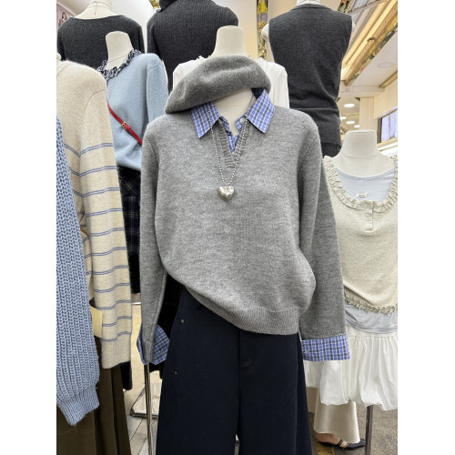 秋冬新款韓版寬松假兩件拼接格子翻領設計通勤休閒百搭套頭女毛衣