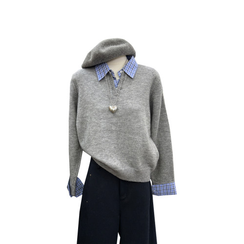 秋冬新款韓版寬松假兩件拼接格子翻領設計通勤休閒百搭套頭女毛衣