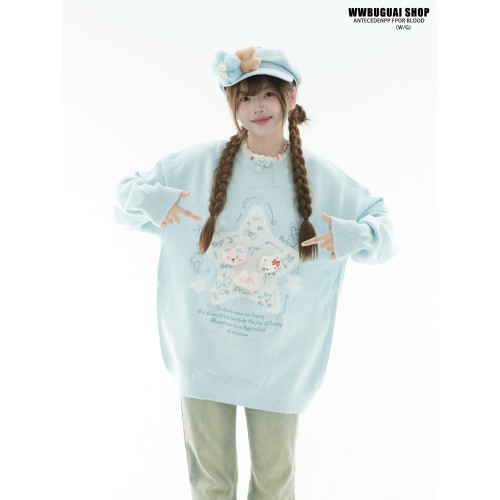 文文不乖原創奶fufu慵懶風藍色星星圓領針織衫毛衣女秋冬早秋上衣