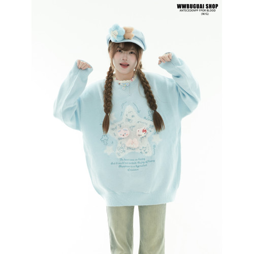 文文不乖原創奶fufu慵懶風藍色星星圓領針織衫毛衣女秋冬早秋上衣