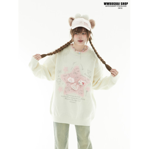 文文不乖原創奶fufu慵懶風藍色星星圓領針織衫毛衣女秋冬早秋上衣