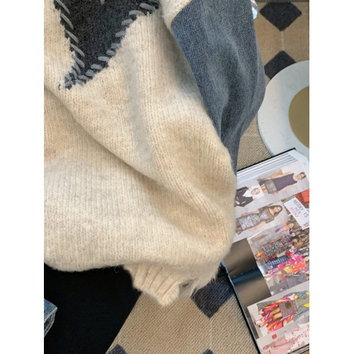 牛仔拼接針織衫毛衣女2023秋冬新款設計感寬松慵懶風外穿打底上衣