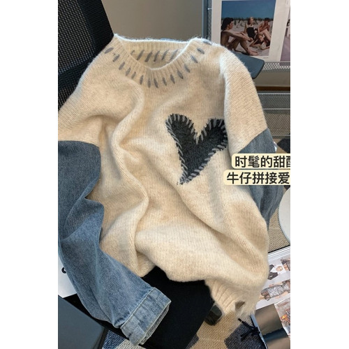 牛仔拼接針織衫毛衣女2023秋冬新款設計感寬松慵懶風外穿打底上衣