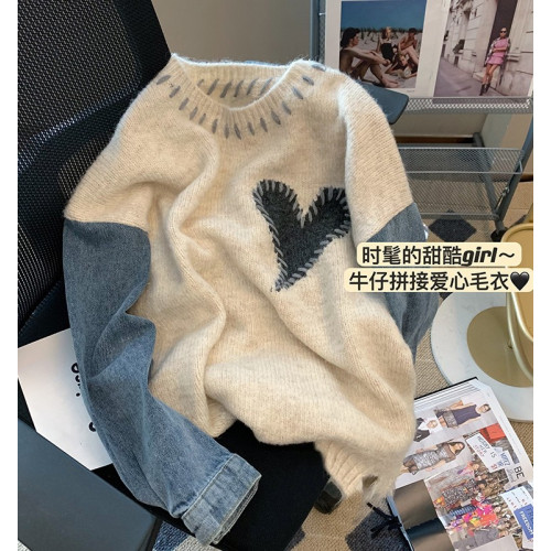 牛仔拼接針織衫毛衣女2023秋冬新款設計感寬松慵懶風外穿打底上衣