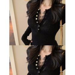 高級微透性感新年紅色羊毛衫毛衣女氣質顯瘦針織打底衫蕾絲上衣潮