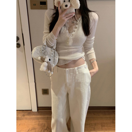 高級微透性感新年紅色羊毛衫毛衣女氣質顯瘦針織打底衫蕾絲上衣潮