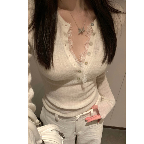 高級微透性感新年紅色羊毛衫毛衣女氣質顯瘦針織打底衫蕾絲上衣潮