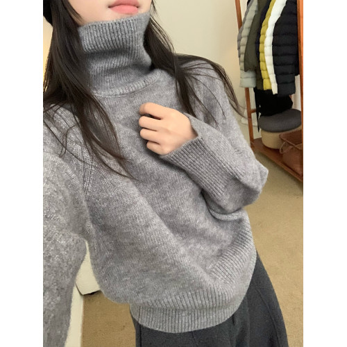 高領套頭毛衣女2025年秋冬季慵懶風軟糯寬松內搭堆堆領針織打底衫