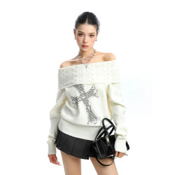 BIGGOLD美式麻花辮十字架一字肩毛衣女秋冬氛圍感顯瘦針織衫上衣