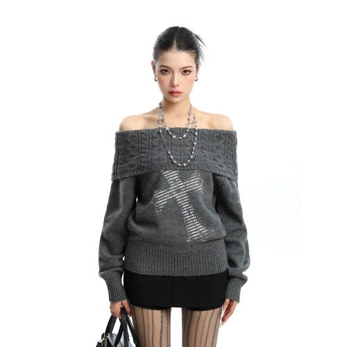 BIGGOLD美式麻花辮十字架一字肩毛衣女秋冬氛圍感顯瘦針織衫上衣