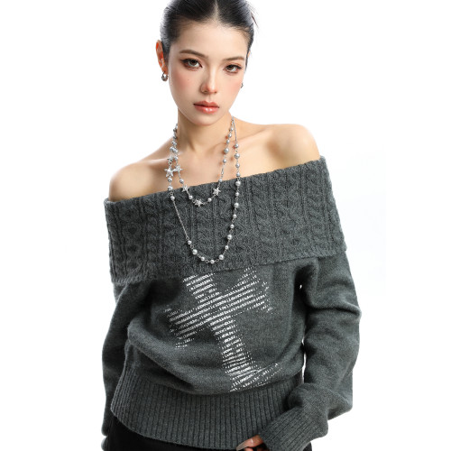 BIGGOLD美式麻花辮十字架一字肩毛衣女秋冬氛圍感顯瘦針織衫上衣