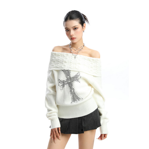 BIGGOLD美式麻花辮十字架一字肩毛衣女秋冬氛圍感顯瘦針織衫上衣