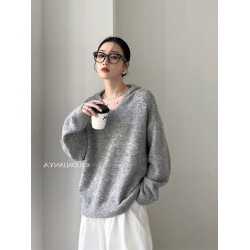 秋冬松弛感套頭寬松連帽V領休閒曡外穿內搭加厚針織羊毛衫毛衣女