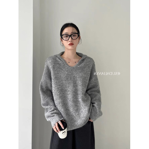 秋冬松弛感套頭寬松連帽V領休閒曡外穿內搭加厚針織羊毛衫毛衣女