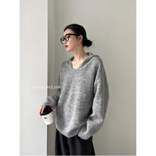 秋冬松弛感套頭寬松連帽V領休閒曡外穿內搭加厚針織羊毛衫毛衣女