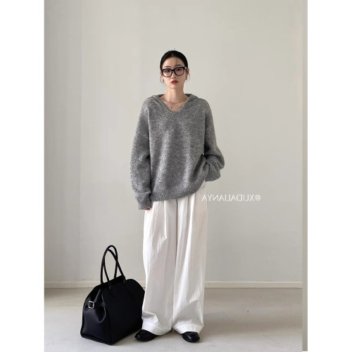 秋冬松弛感套頭寬松連帽V領休閒曡外穿內搭加厚針織羊毛衫毛衣女