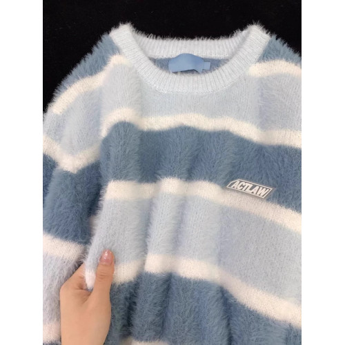 日系學院風撞色條紋馬海毛毛衣女溫柔風小衆軟糯系減齡針織衫上衣