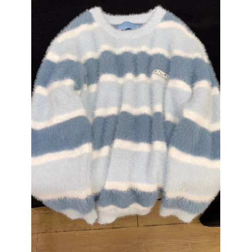 日系學院風撞色條紋馬海毛毛衣女溫柔風小衆軟糯系減齡針織衫上衣