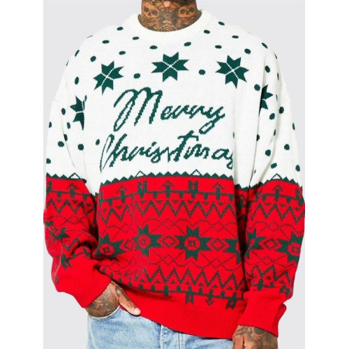 男裝歐美秋冬聖誕節針織衫聖誕提花寬鬆套頭毛衣聖誕老人圓領衛衣