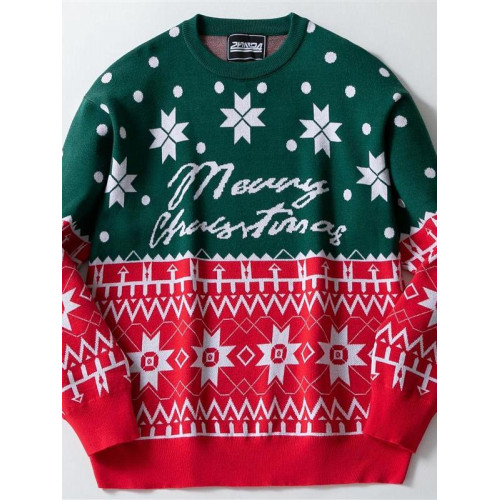 男裝歐美秋冬聖誕節針織衫聖誕提花寬鬆套頭毛衣聖誕老人圓領衛衣