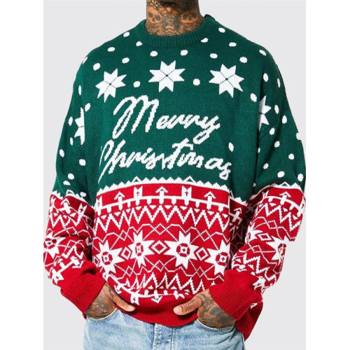 男裝歐美秋冬聖誕節針織衫聖誕提花寬鬆套頭毛衣聖誕老人圓領衛衣