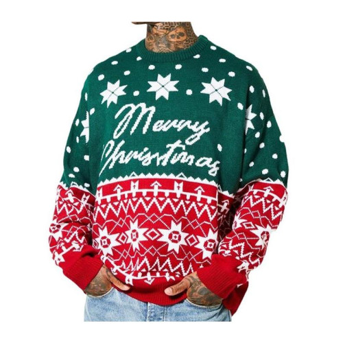 男裝歐美秋冬聖誕節針織衫聖誕提花寬鬆套頭毛衣聖誕老人圓領衛衣