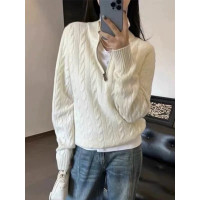 美拉德半拉鍊立領麻花針織衫女秋冬高級感內搭打底毛衣半高領上衣