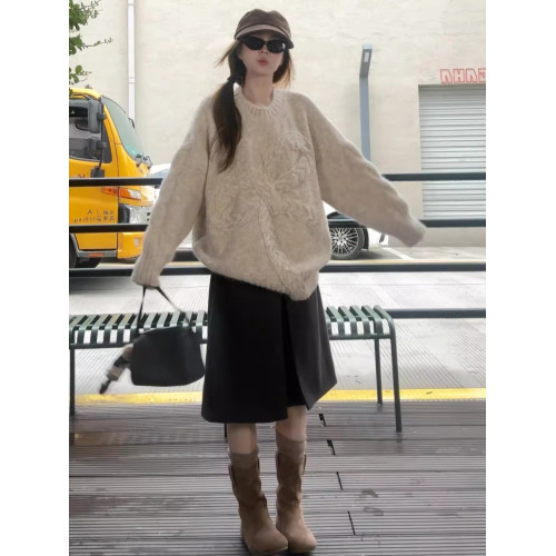 高級感慵懶風蝴蝶結長袖毛衣女2025秋冬新款寬松加厚高級感針織衫