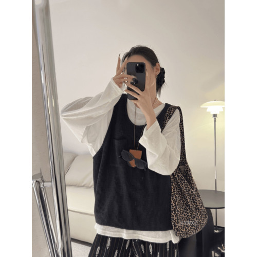 韓國東大門秋季新款慵懶拍檔小口袋紋理針織背心馬甲女外搭毛衣潮