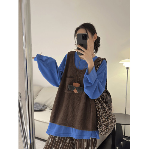 韓國東大門秋季新款慵懶拍檔小口袋紋理針織背心馬甲女外搭毛衣潮