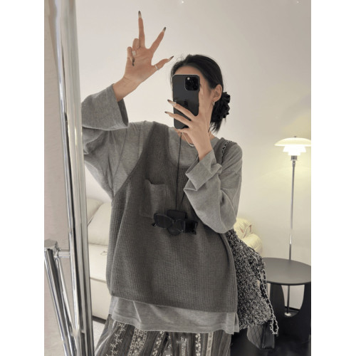 韓國東大門秋季新款慵懶拍檔小口袋紋理針織背心馬甲女外搭毛衣潮