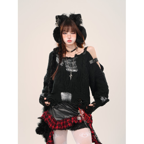 kellykitty微醺甜茶 韓系慵懶風露肩毛衣女秋冬寬松針織鏤空上衣