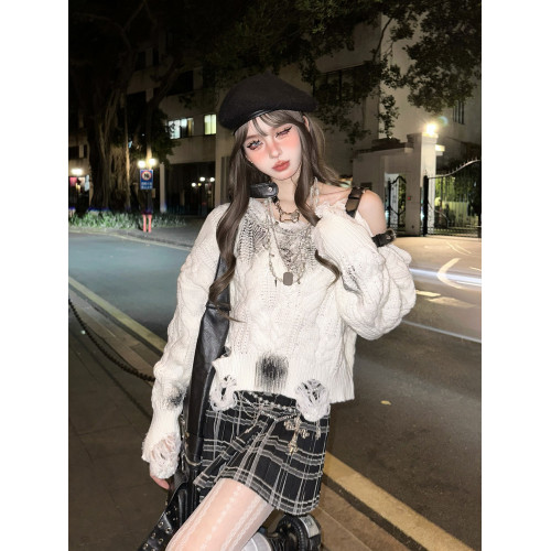 kellykitty微醺甜茶 韓系慵懶風露肩毛衣女秋冬寬松針織鏤空上衣