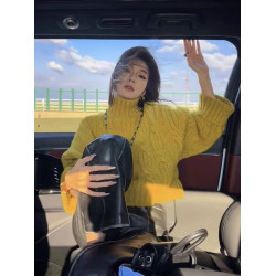 高級感黃色浣熊絨半高領毛衣女秋冬加厚慵懶風套頭麻花針織衫上衣