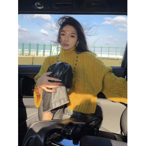 高級感黃色浣熊絨半高領毛衣女秋冬加厚慵懶風套頭麻花針織衫上衣