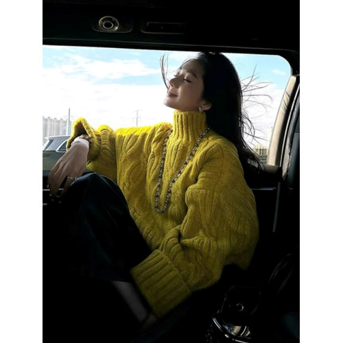 高級感黃色浣熊絨半高領毛衣女秋冬加厚慵懶風套頭麻花針織衫上衣