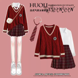 秋冬JK製服新年聖誕穿搭套裝學生寬松紅色毛衣襯衫百褶格裙三件套