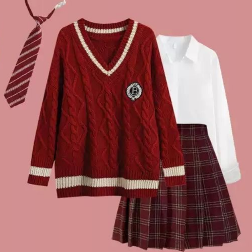 秋冬JK製服新年聖誕穿搭套裝學生寬松紅色毛衣襯衫百褶格裙三件套