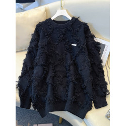 2025秋冬新款時尚高級感流蘇黑色毛衣大碼女裝寬松慵懶針織衫上衣