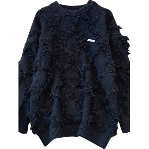 2025秋冬新款時尚高級感流蘇黑色毛衣大碼女裝寬松慵懶針織衫上衣