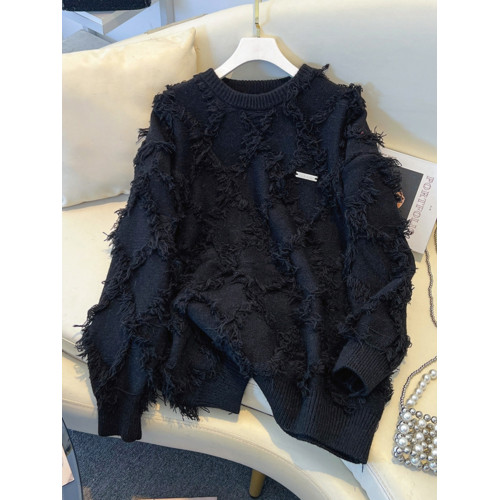 2025秋冬新款時尚高級感流蘇黑色毛衣大碼女裝寬松慵懶針織衫上衣