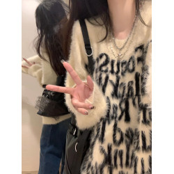 美式國潮字母提花圓領海馬毛情侶毛衣秋冬小衆針織衫加厚寬松上衣