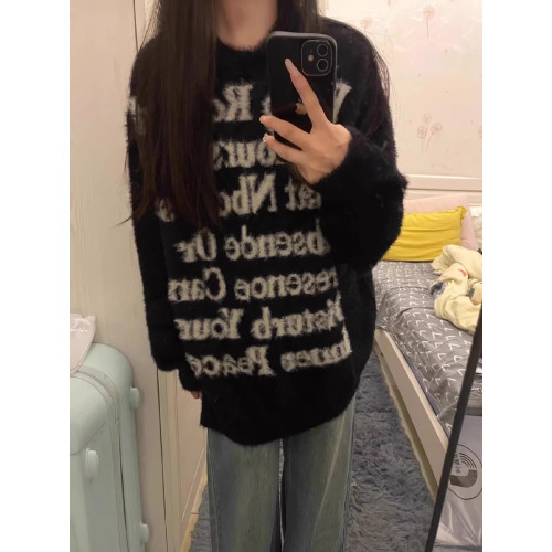 美式國潮字母提花圓領海馬毛情侶毛衣秋冬小衆針織衫加厚寬松上衣