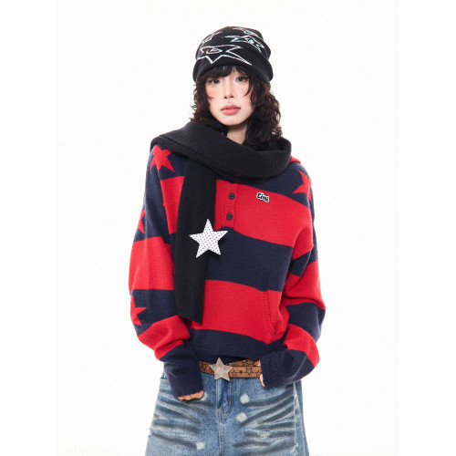 MKGO美式復古星星條紋連帽毛衣女秋季寬鬆撞色短款套頭針織衫上衣