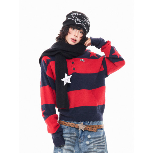 MKGO美式復古星星條紋連帽毛衣女秋季寬鬆撞色短款套頭針織衫上衣