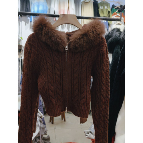 輕奢皮草毛領針織毛衣開衫秋冬時髦小個子真狐狸毛連帽短款外套女