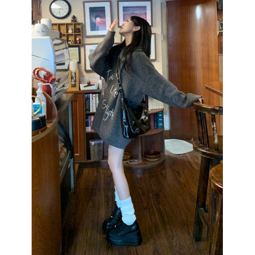 灰色套頭半拉鍊翻領毛衣女秋冬季慵懶風中長款寬松加厚外穿針織衫