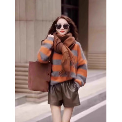 港味復古風撞色條紋毛衣女韓版慵懶風寬松潮流軟糯套頭針織衫上衣