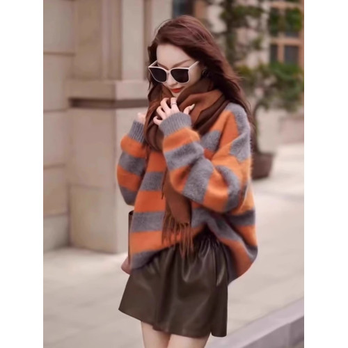 港味復古風撞色條紋毛衣女韓版慵懶風寬松潮流軟糯套頭針織衫上衣